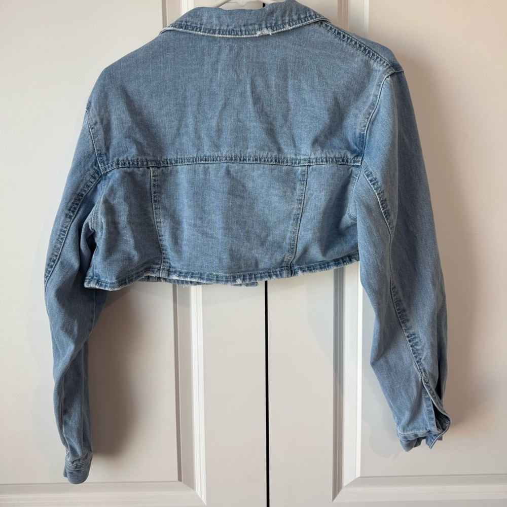 Refuge Cropped Rhinestone Studded Light Blue Wash Denim Jacket Size M Women - Picture 4 of 4